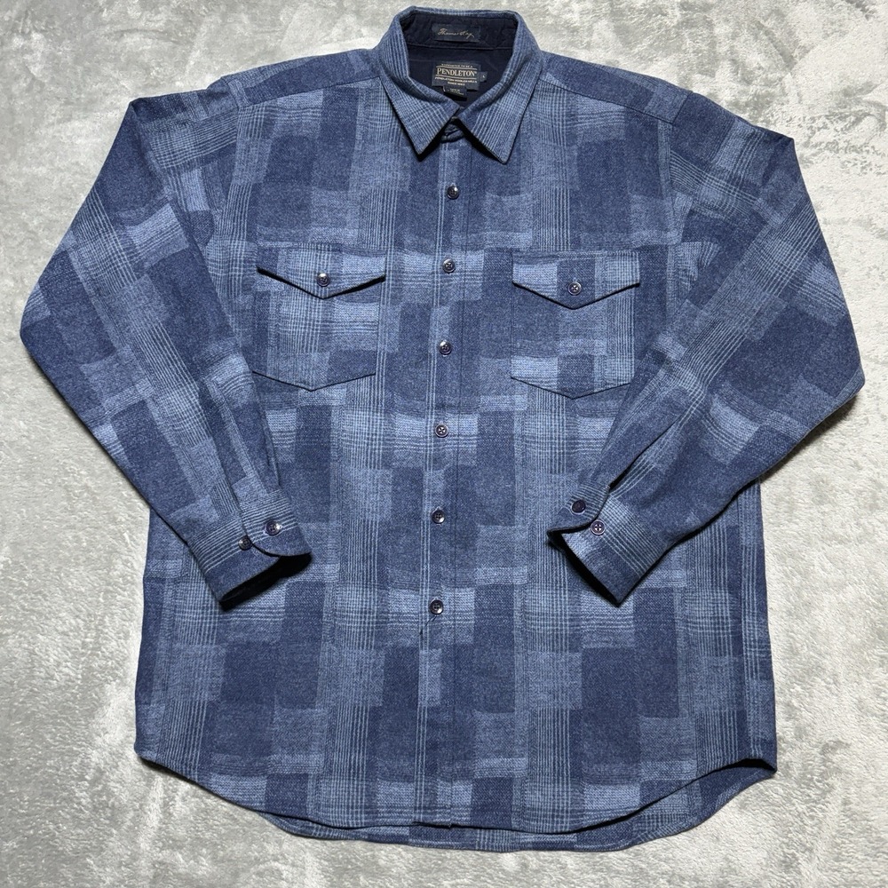 Pendleton Thomas Kay Shirt Large Wool Flannel Patchwork Plaid Blue Corduroy Trim